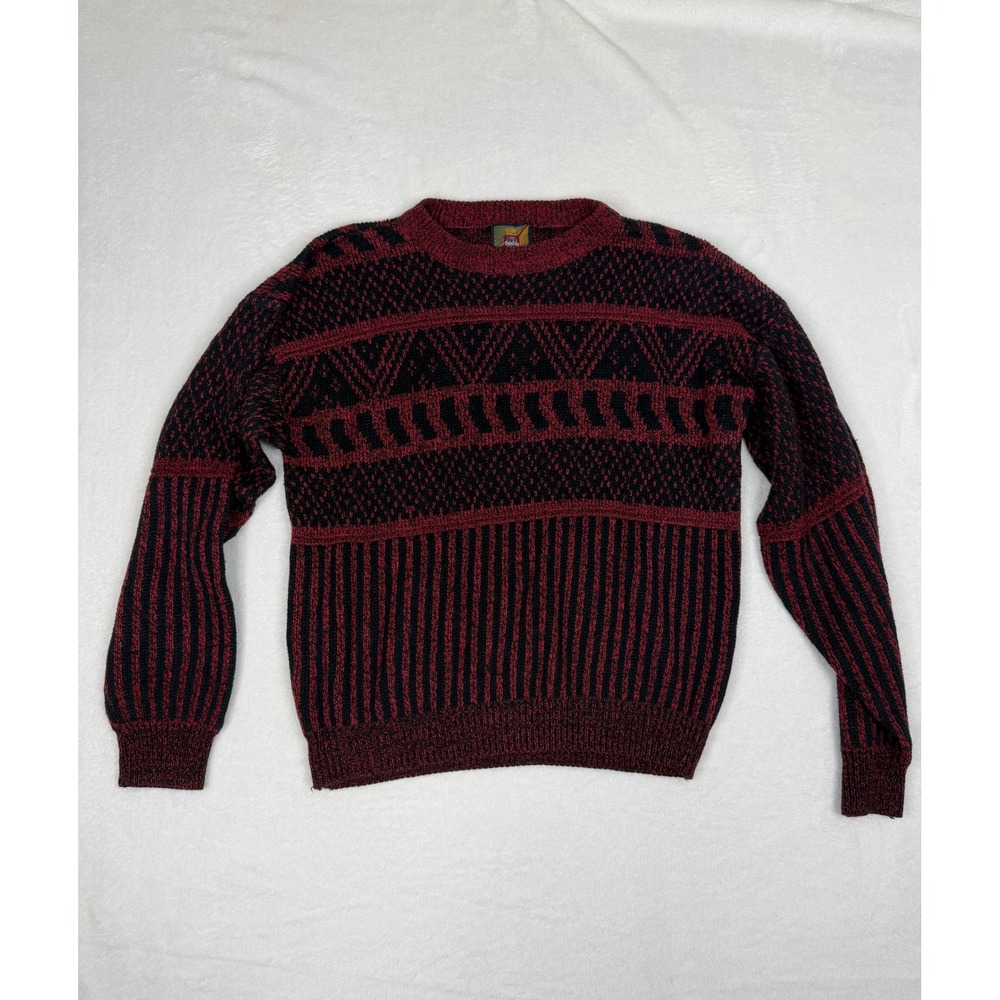 Vintage Grandpa Mens Geometric Knit Crewneck Sweater Burgundy Black Pullover